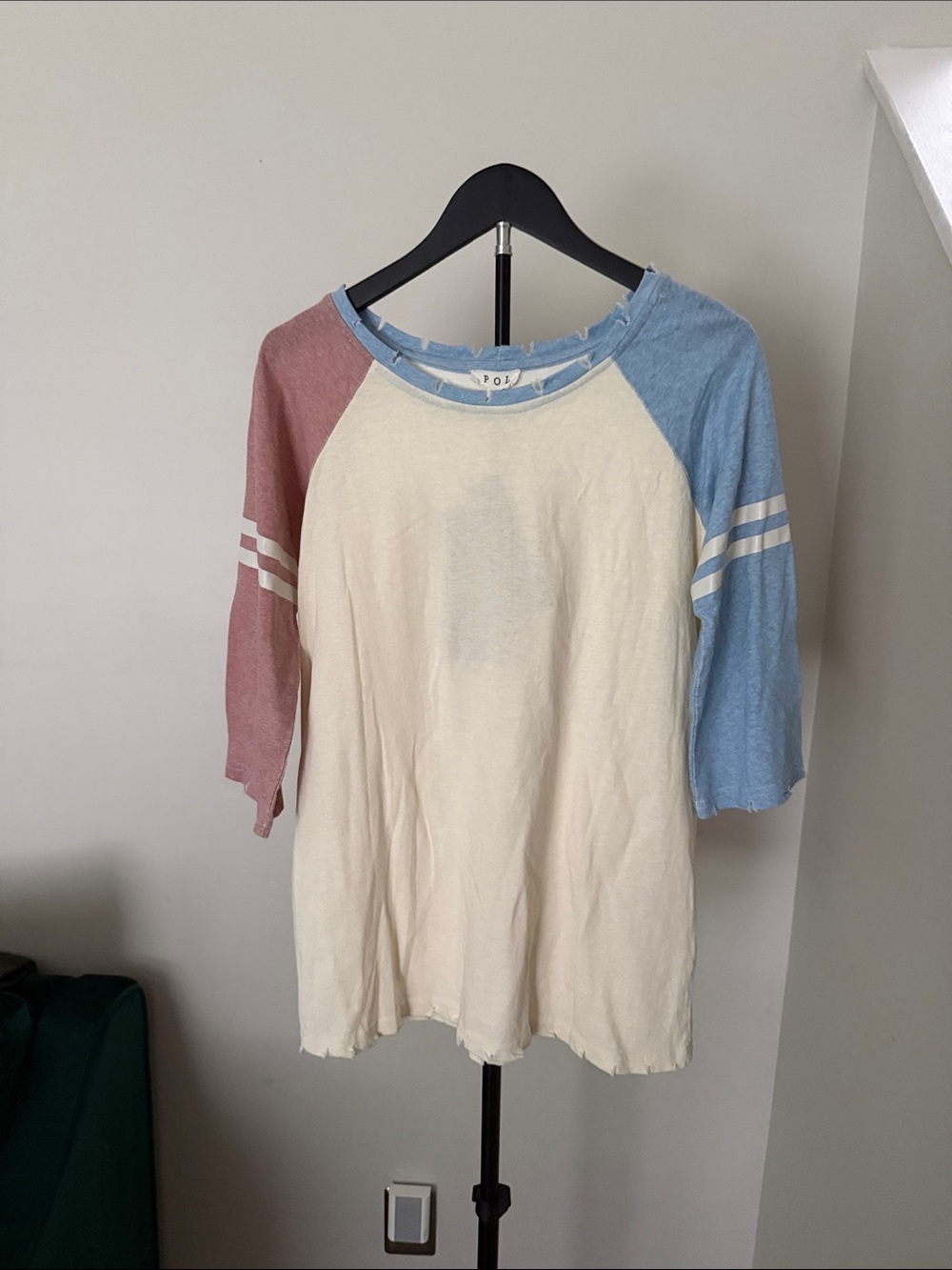 POL women’s Colorblock Raglan Tee - Cream, Blue & Dusty Rose
